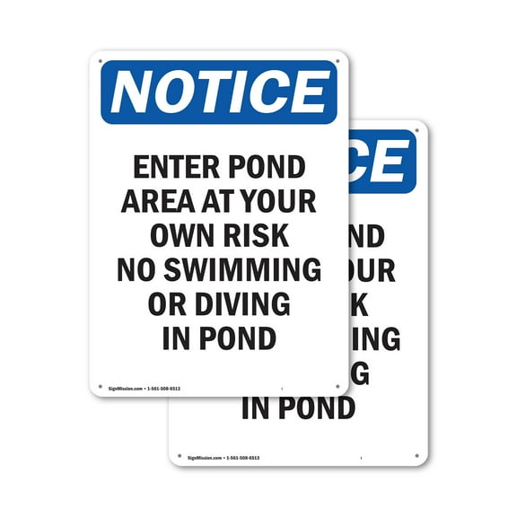 (2 Pack) Enter Pond Area At Your Own Risk OSHA Notice Sign 7 Inch X 10 Inch Indoor / Outdoor Rust-Free Aluminum Metal Signs for Workplace, Workshop, and Construction Site, Made in the