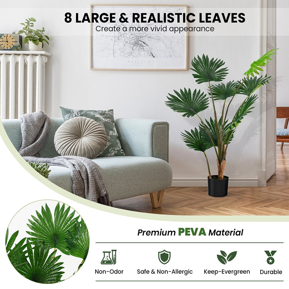 Kadyn 4FT Artificial Tree, Artificial Fan Palm Tree for Outdoor, Fake Palm Plant Tree for Indoor, Green