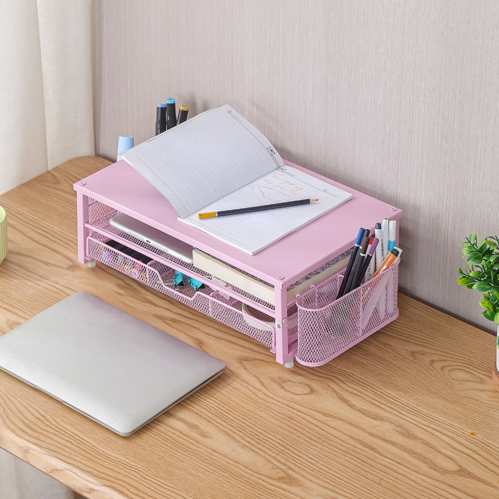 Yammee Screen Stand with Ventilation Drawer Pen Cup Double-Layered Metal Laptop Stand with Side Storage Desk Organizers
