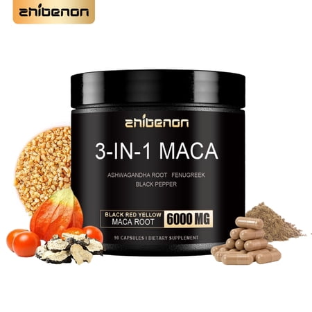 zhibenon 3-in-1 Maca Root Capsules 6000mg - Black Red Yellow Maca with Ashwagandha Root Fenugreek Black Pepper - 60 Capsules Dietary Supplement