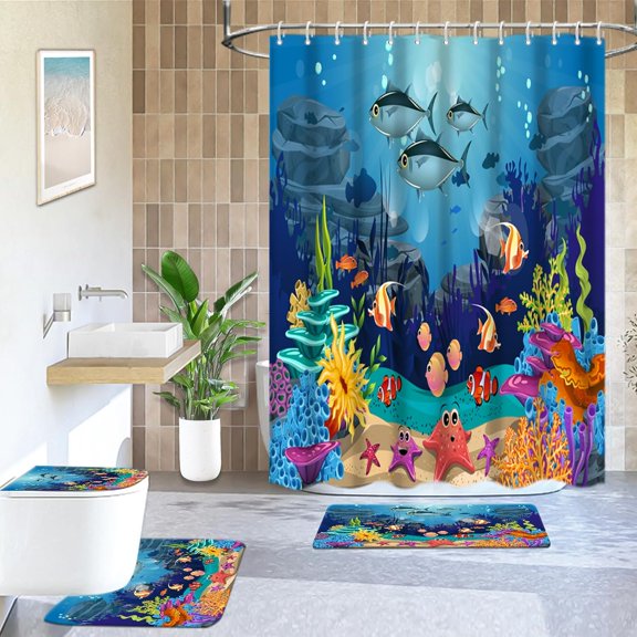 4Pcs Turtle Shower Curtain Sets with Rugs, Ocean Coral Bathroom Sets with Shower Curtain and Rugs and Accessories