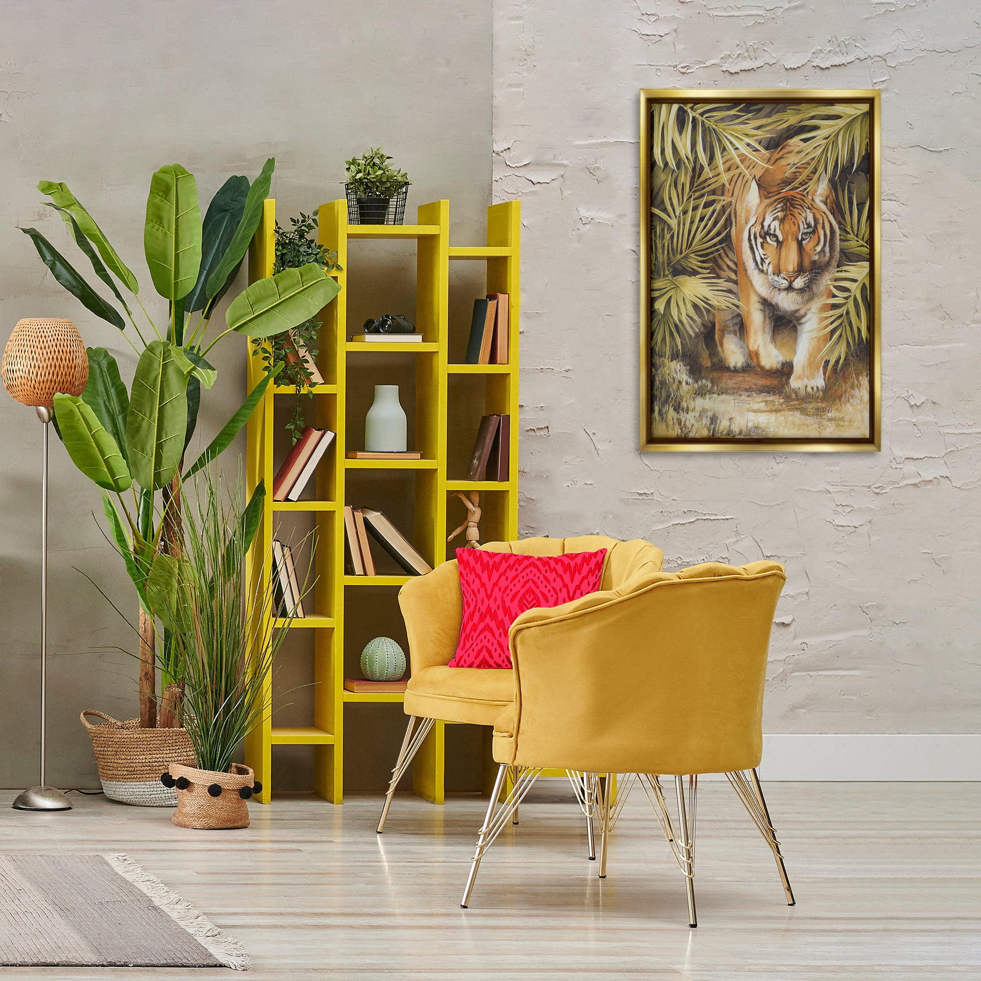 Stupell Industries Tiger Prowling Through Leaves Animals & Insects Painting Gold Floater Framed Canvas Art Print Wall Art, 21 x 31