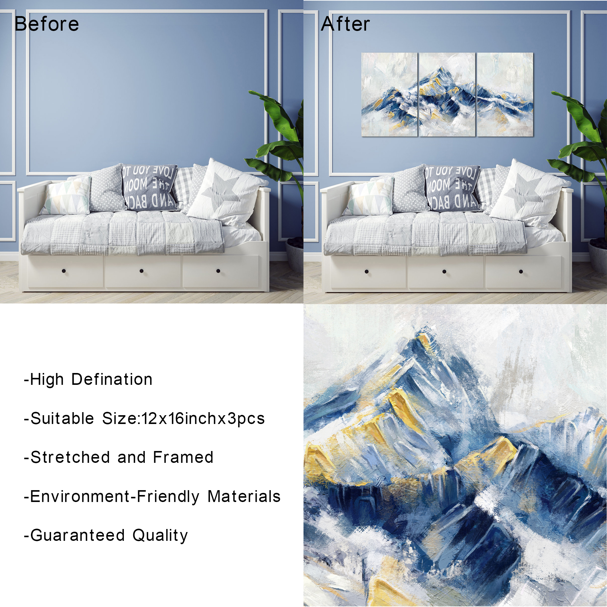 Visual Art Decor Blue Decor Large Abstract Framed Canvas Wall Art 3 Piece Mountain Landscape Bedroom Living Room Home Decorations Paintings Pictures Prints Modern Artwork 16"x 24"x 3 Pcs