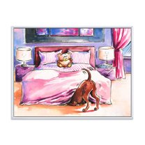 Designart 'Brown Dog Looking Under the Bed and Teddy Bear' Farmhouse Framed Canvas Wall Art Print