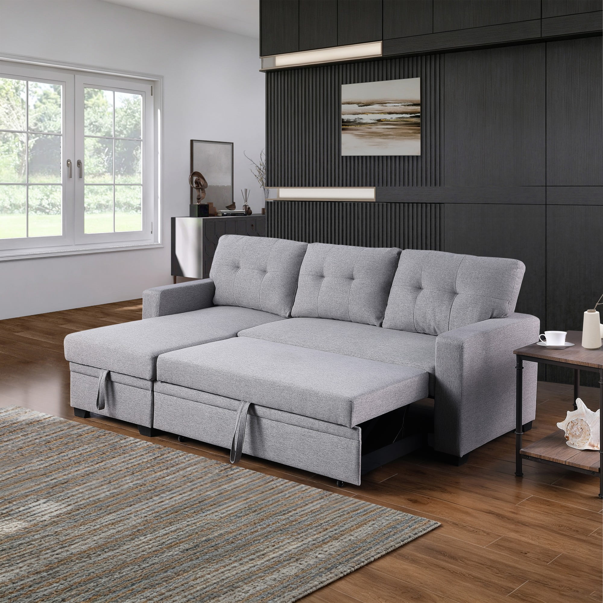 BSHTI 82" 3-Seat Linen Pull Out Sectional Sleeper Sofa with Storage Chaise, Removable Back Cushions for Living Room（Light Gray）