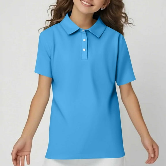 Girls School Uniform Polos Shirts Short Sleeve Button Collared Golf Summer Tops Cyan 140