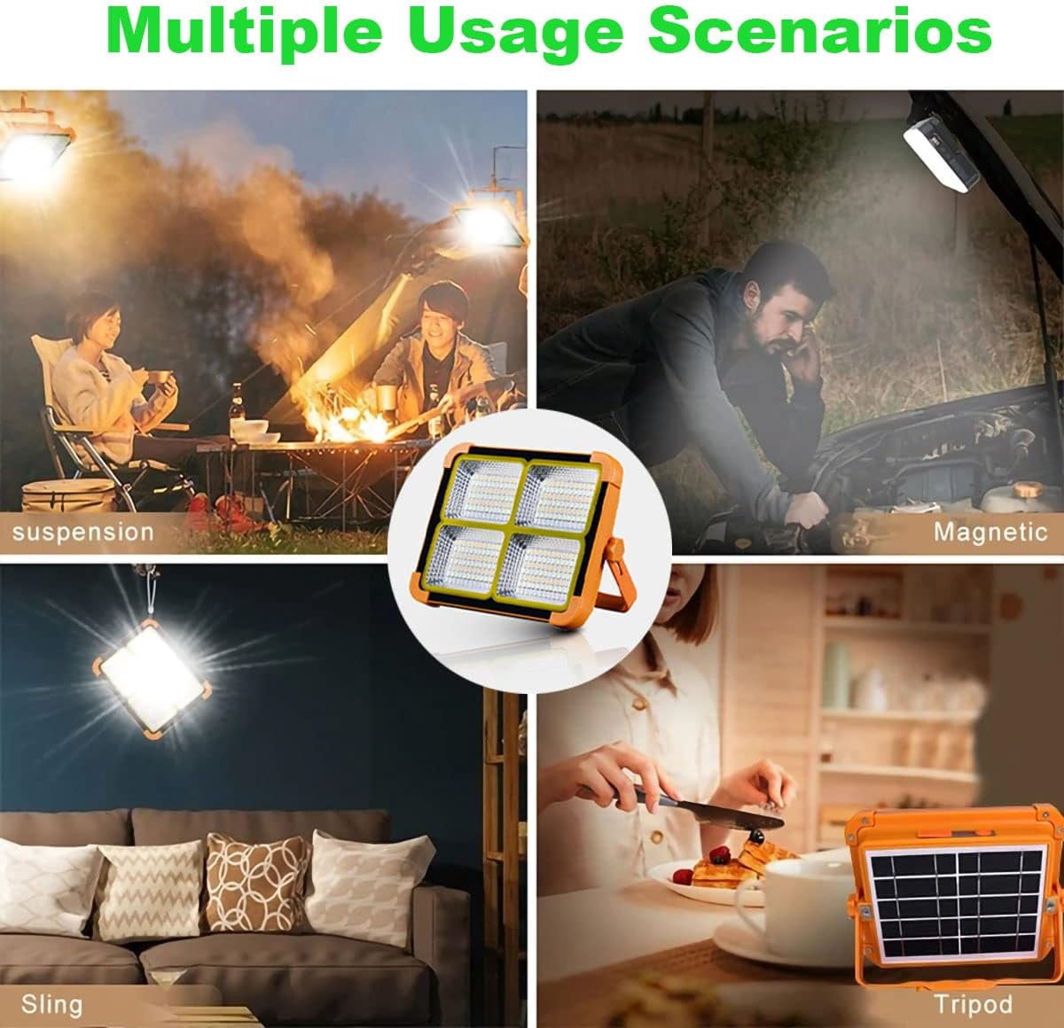 100W rechargeable LED floodlight, 10000lm portable work light with solar panel, 5 modes of outdoor light, used for camping, construction sites, garages, workshops