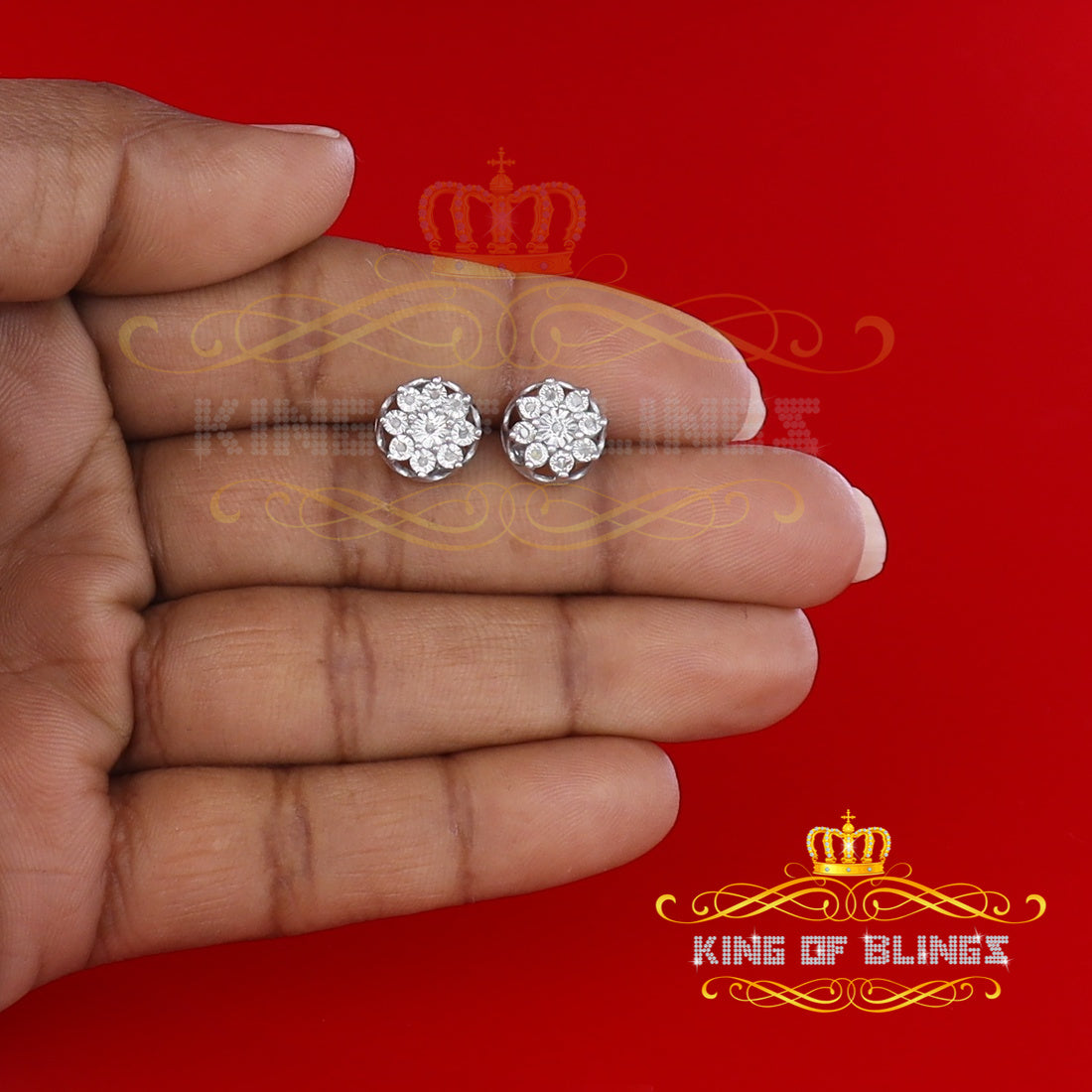 King of Bling's 925 Sterling Silver White 0.10ct Diamond For Men's/Women's Stud Floral Earrings