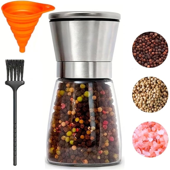 Dompilc 5.5 inch Salt and Pepper Grinder, Refillable Salt with Funnel, Cleaning Brush, Manual Pepper Grinder for Black Peppercorns