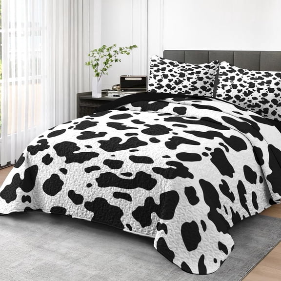 Quilt Set King Size, Cute Animal Cow Print 3 Pcs Soft Bed Cover Bedding Set for Kids and Adults, Black and White Spots Lightweight Bedspread Coverlet with Pillow Sham for All Season