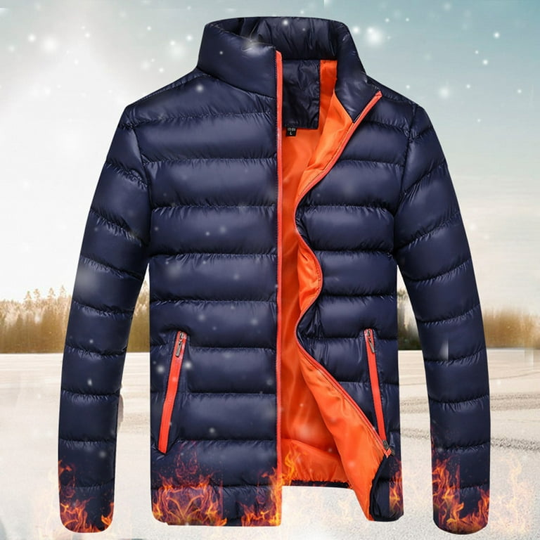 JSGEK Sales Men's Winter Coats Warm Thicken Jacket Zipper Insulated Puffer  Jackets Stand Collar Cotton Water Resistant Down Coat with Pocket Dark Blue