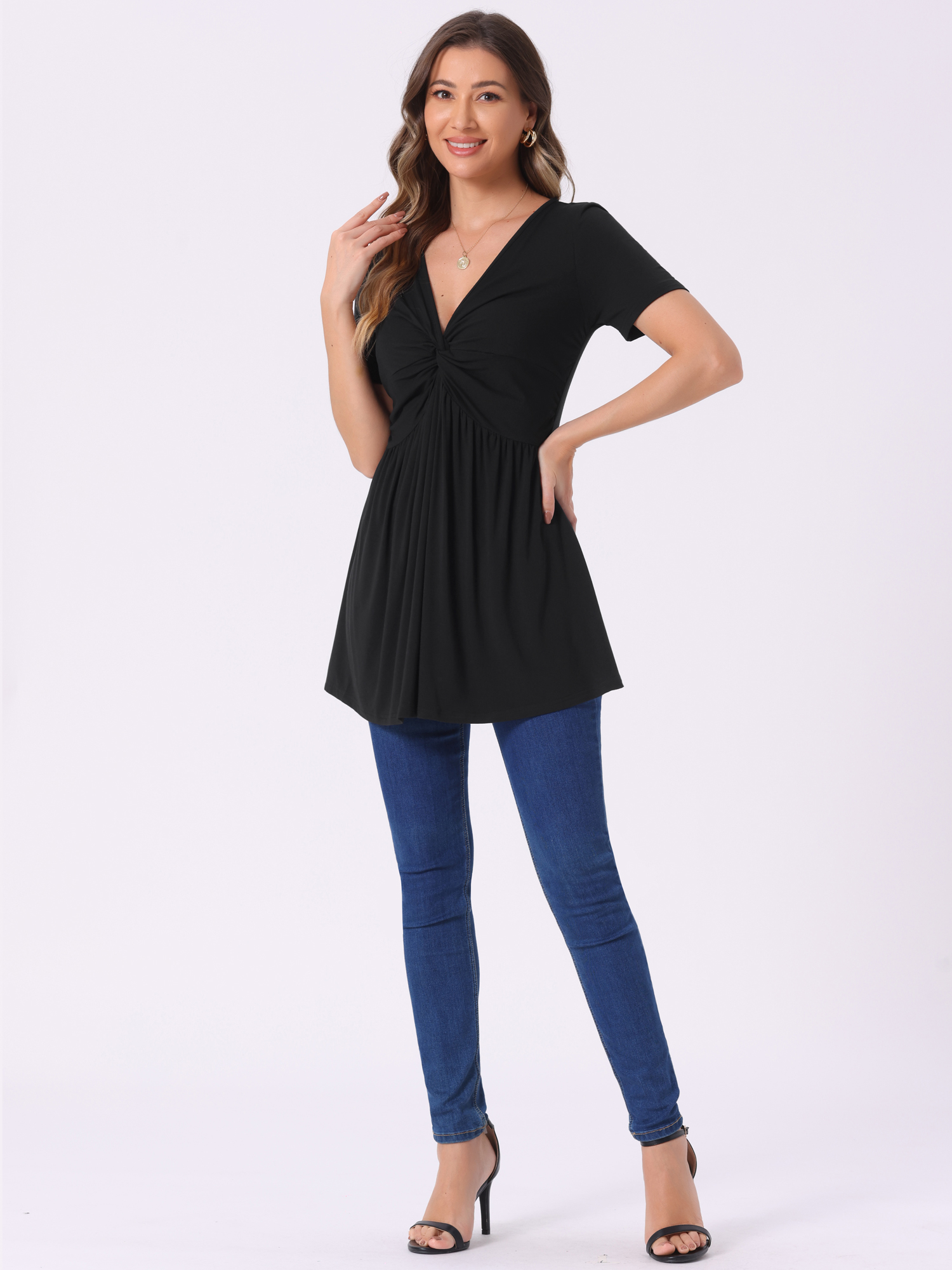DARING DIVA Women's Knotted V Neck Blouse Summer Short Sleeve Tunic Tops Black S