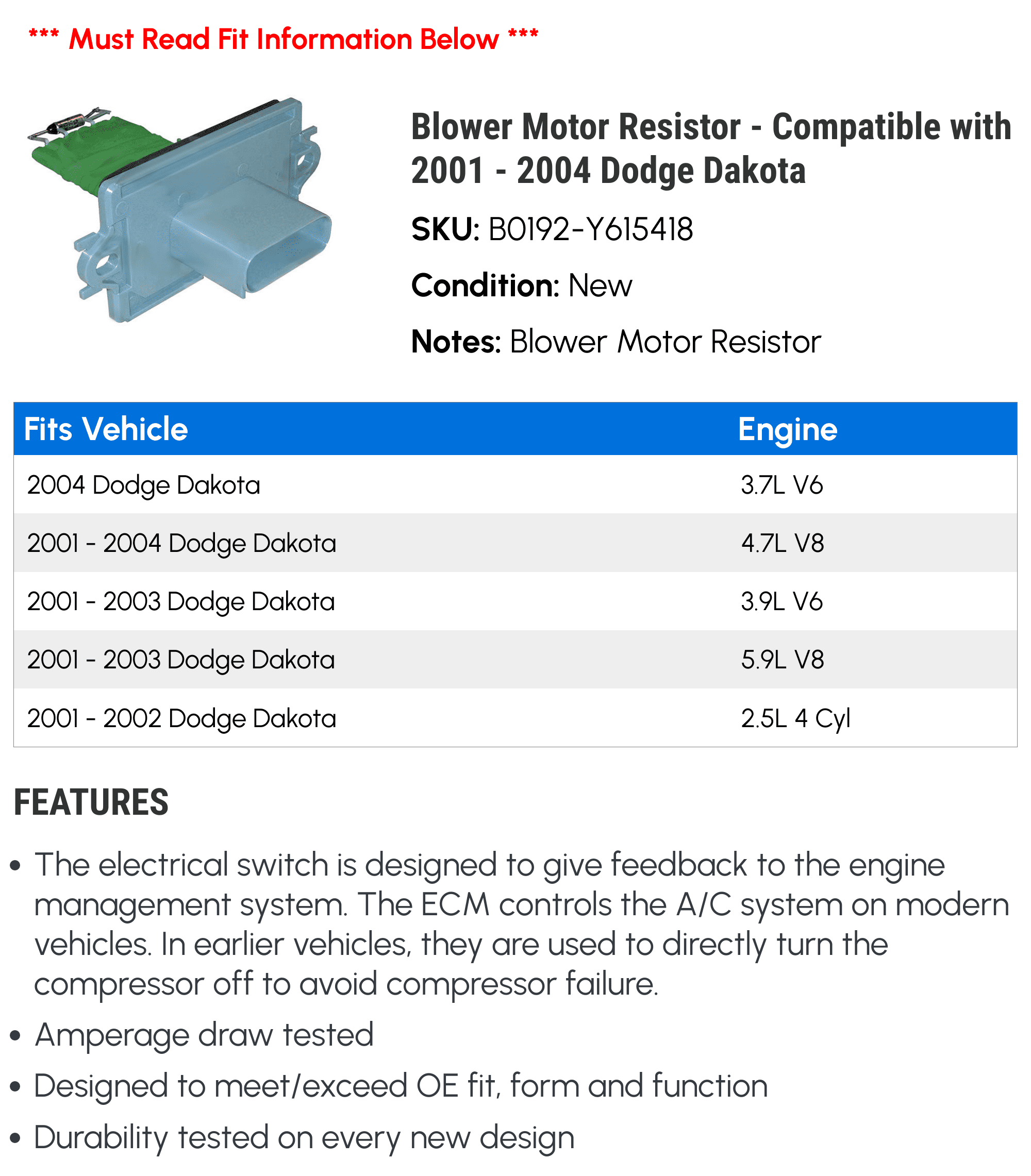 Blower Motor Resistor - Compatible with 2001 - 2004 Dodge Dakota 2002 2003