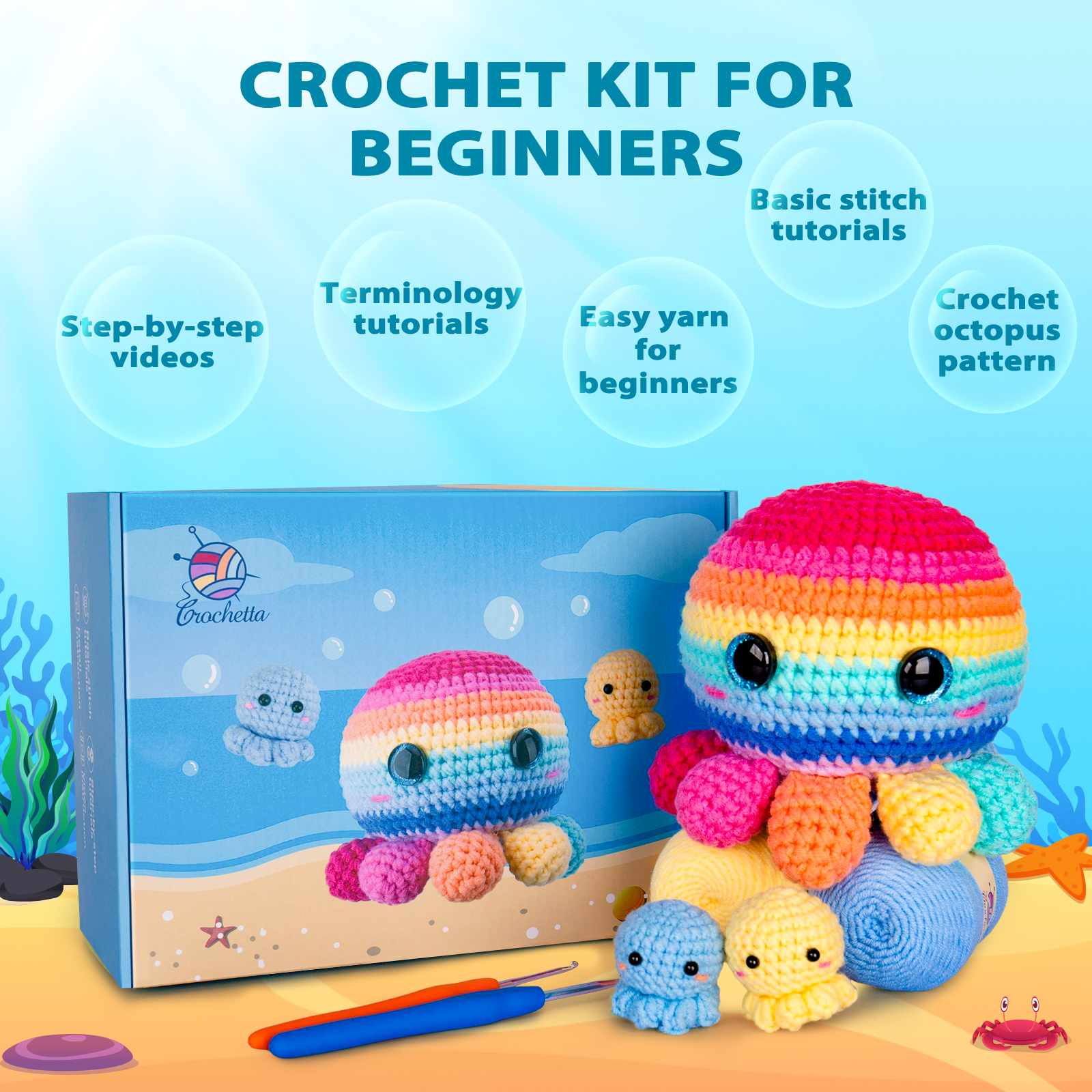 Crochetta Crochet Kit for Beginners, Crochet Kit Step-by-Step Video Tutorials, Crochet Starter Kit Learn to Crochet Kits for Adults Kids Beginners, Jumbo 3 Colorful Octopus Familly (40%+ Yarn Content)