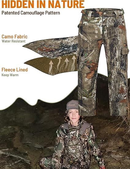 NEW VIEW Kids Camo Hunting Pants Silent, Youth Hunting Clothes for Cold Winter, Camouflage Hunting Pants for Boys & Girls