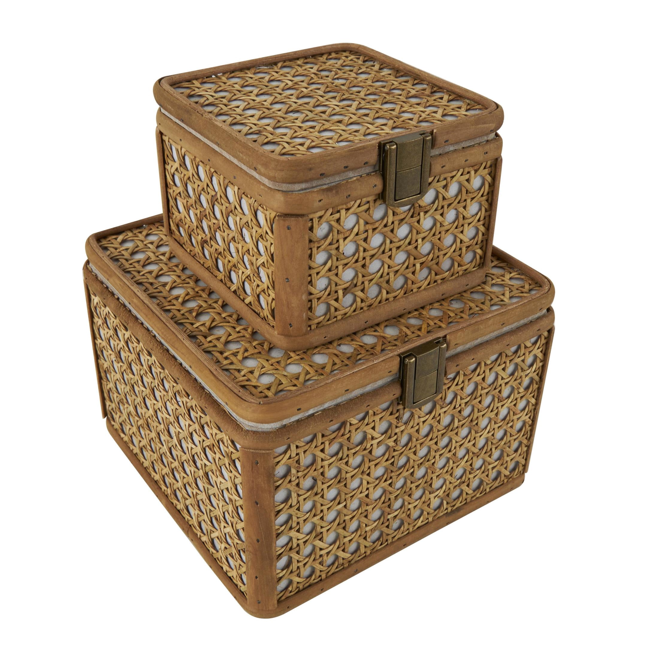 DecMode Handmade Woven Rattan Brown Rattan Decorative Box with Bronze Latches, 2 Count