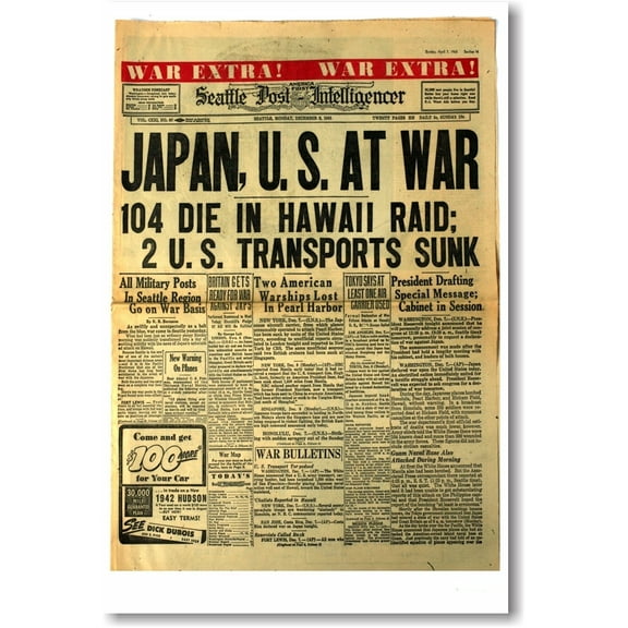 Japan U.S At War Headline - NEW Vintage Newspaper Poster