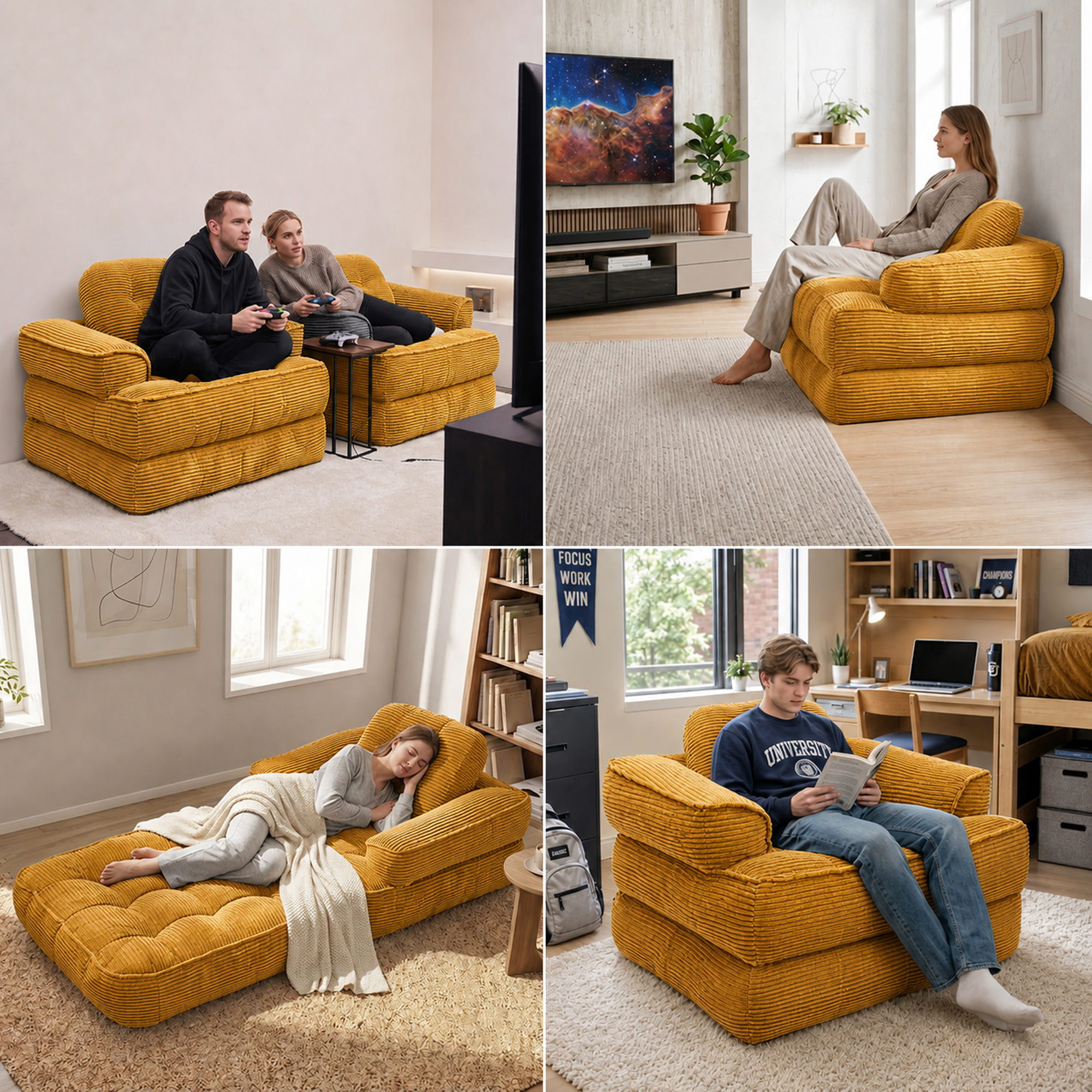 Leumius Folding Sofa Bed, Convertible Sofa Bed with Armrest, Corduroy Boneless Foldable Bed, 2-in-1 Portable Sofa Bed with Pillows for Bedroom, Living Room, Homestay, Game Room Orange
