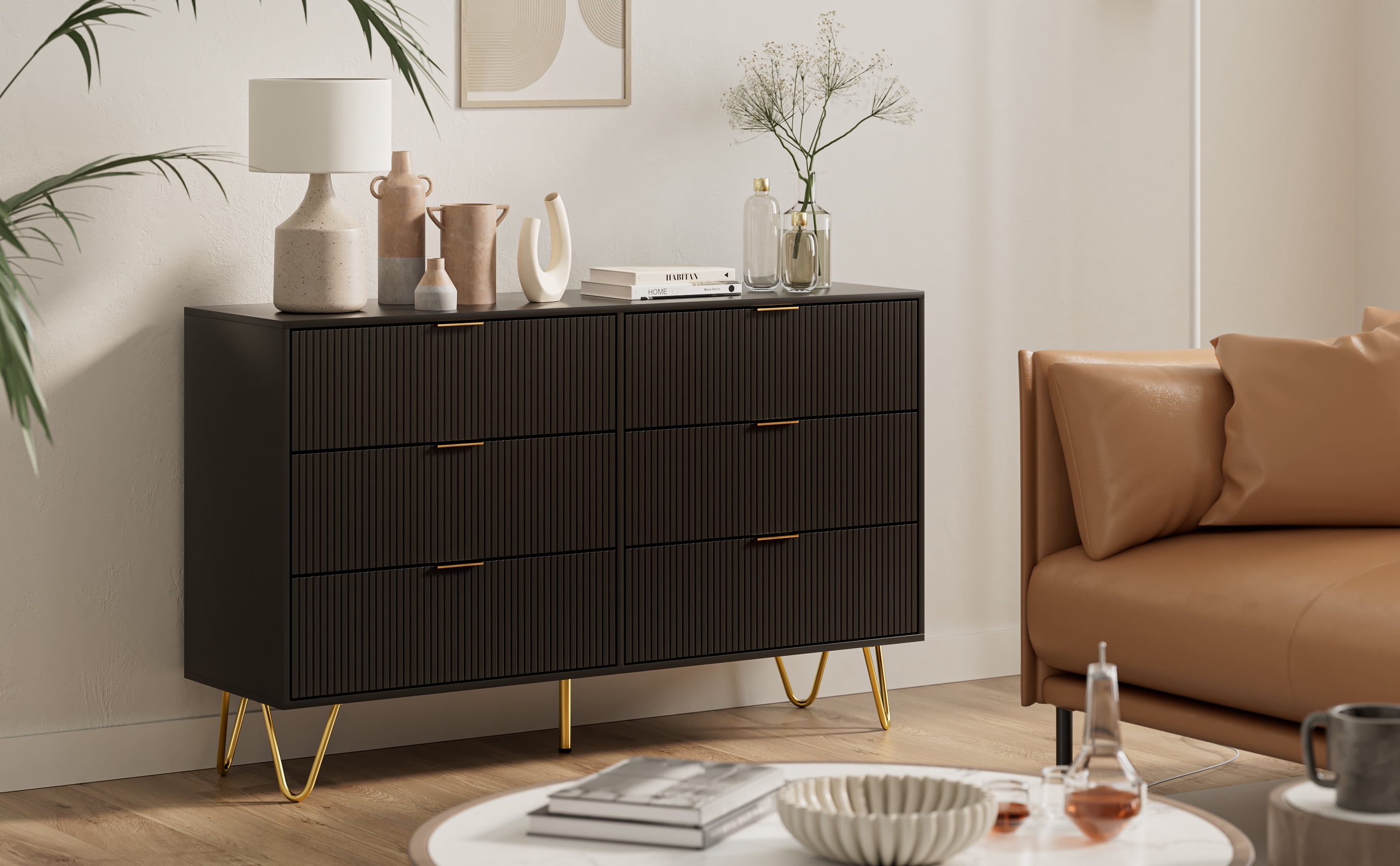 Space-Saving 6-Drawer Dresser Cabinet - Modern Black Vertical Grain Storage for Bedroom, Living Room & Entryway
