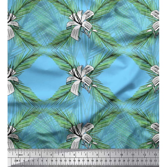 Soimoi Blue Cotton Voile Fabric Pine & Leaves Print Sewing Fabric Yard 42 Inch Wide
