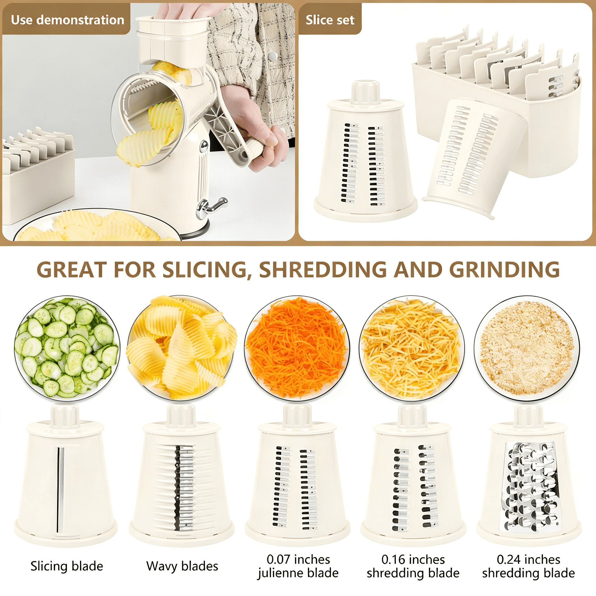 Rotary Cheese Grater & Vegetable Slicer, 5 Stainless Steel Blades, Powerful Suction Base, Quick Shredding for Cheese, Potato, Carrot, Cucumber & Easy Meal Prep