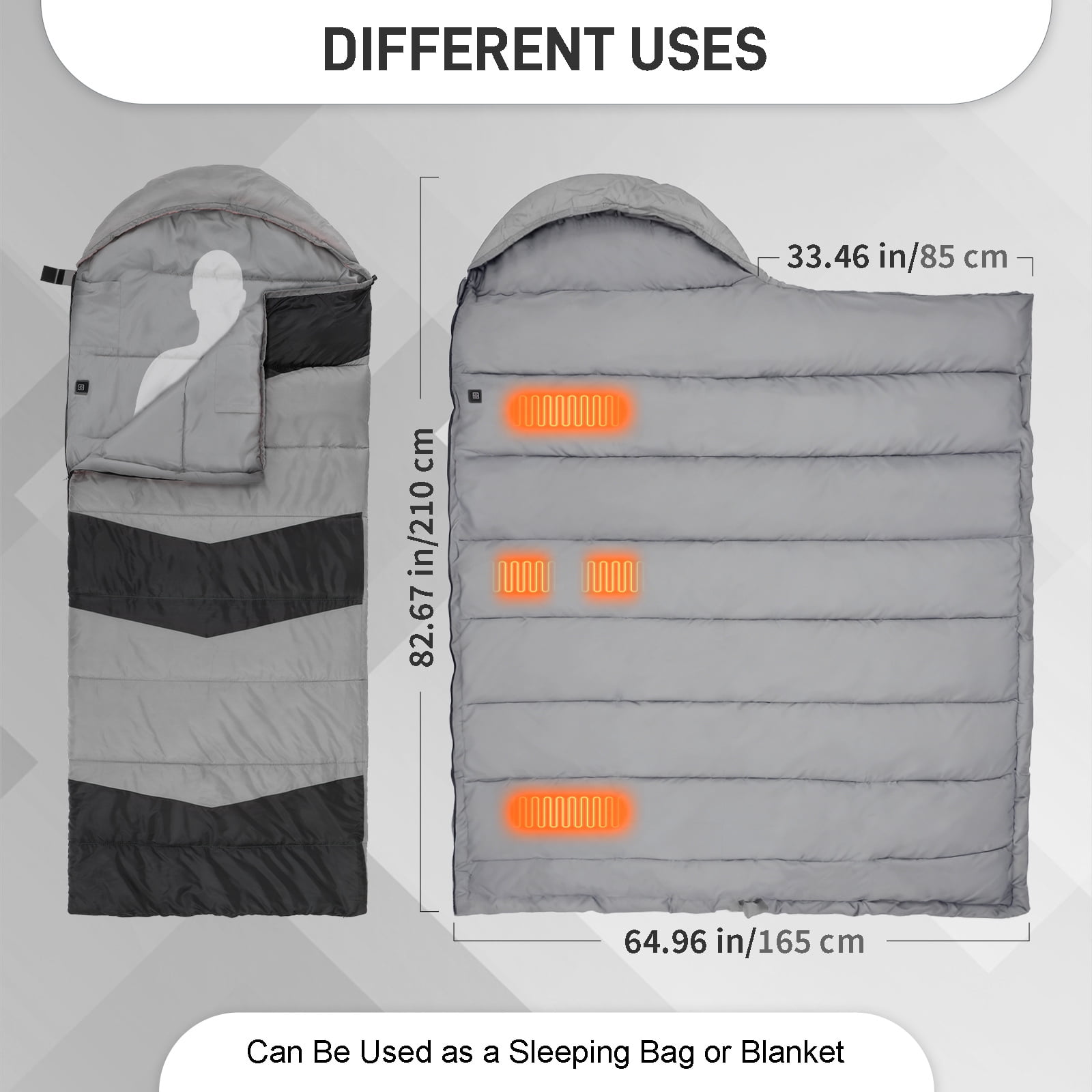 Ktaxon Heated Sleeping Bag,  Rectangular Lightweight Sleeping Bag with USB Powered Heating Pads for 14-50 °F, Compact Envelope Sleeping Bag for Camping Picnic Hiking, Gray
