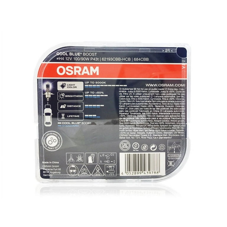 H4/9003/HB2: Osram 5000K Cool Blue Boost Halogen Bulb 62193cbb (Pack of 2), Size: H4 9003 HB2, Other