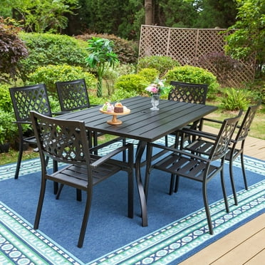 MF Studio 7-Piece Outdoor Patio Dining Set with Stackable Chairs & 6-Person Table, Modern Metal Steel Patio Furniture, Black