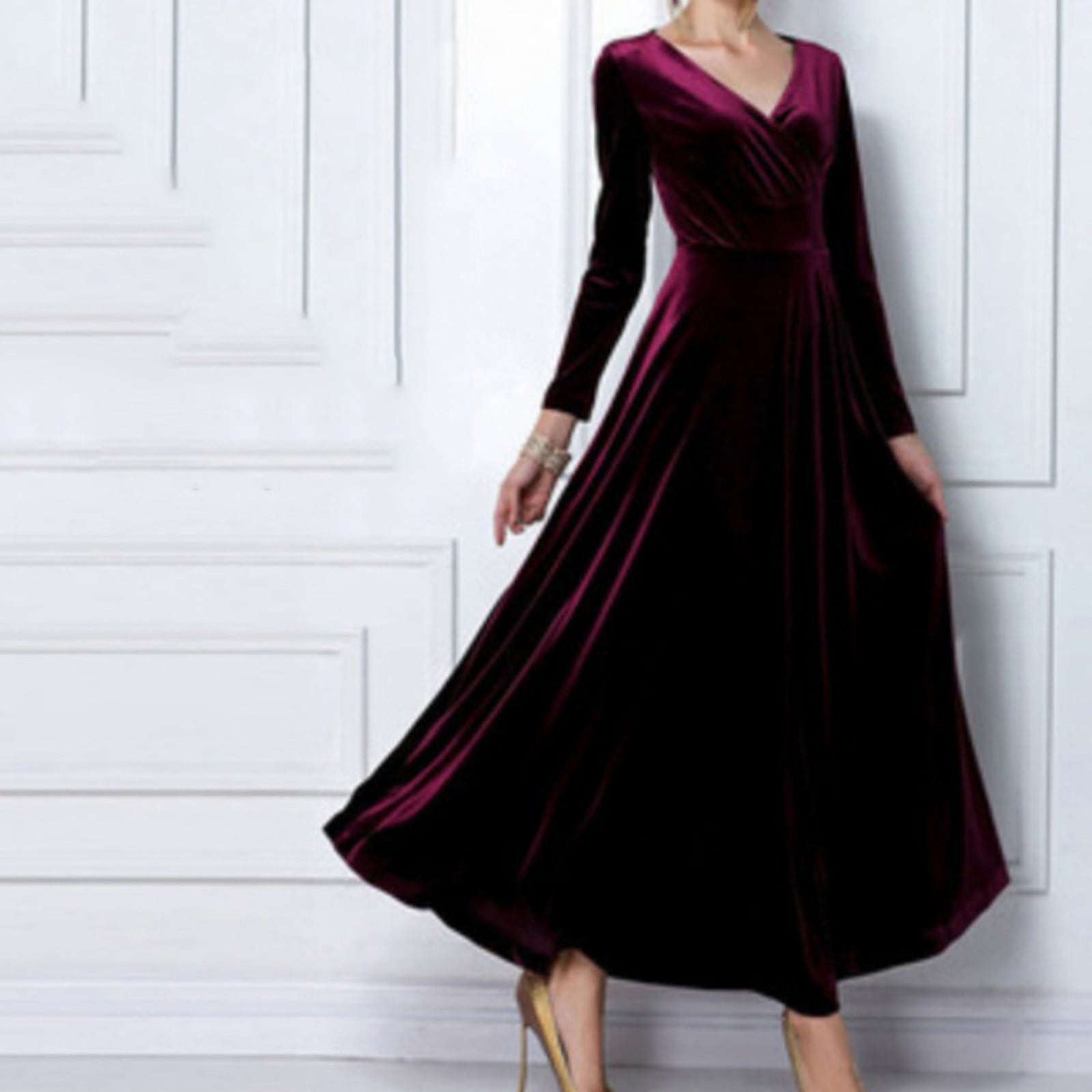 LowProfile Wedding Guest Dresses for Women Winter Fall Long Sleeve V-Neck  Gold Velvet Fashion Cocktail Dress Wine Red L - Walmart.com