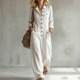 thumbnail image 3 of WULMLEO Womens Wide Leg Overall Cotton Linen Workout Long Sleeve V Neck Button Front One Piece Rompers Casual Dressy Comfy Plus Size Jumpsuits with Multi Pockets White XL, 3 of 7