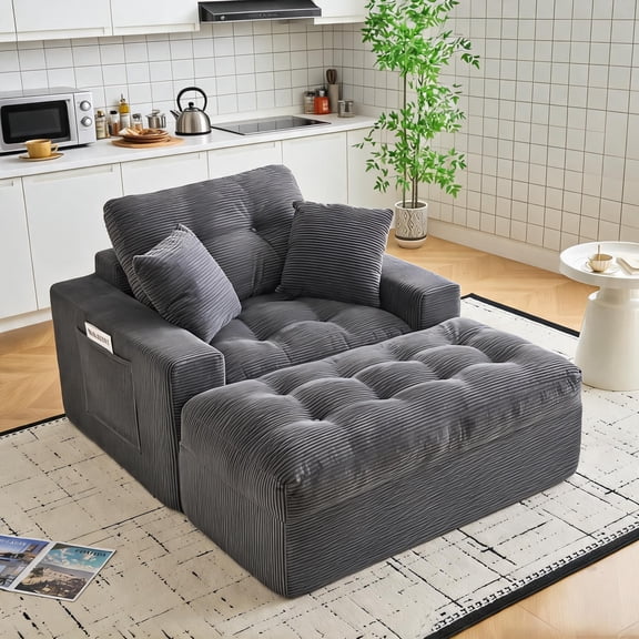 63" Oversized Corduroy Chaise Lounge Sofa Bed – Deep Seat Modular Sleeper with Toss Pillows, Side Pockets & No Assembly Needed, Beige