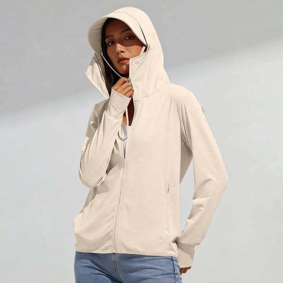 Women's Cool Feeling UPF 50 Sun Protection Hoodie Regular Fit Solid Color Hooded Long Sleeve Lightweight Breathable UV Coat for Casual Outdoor Beige L