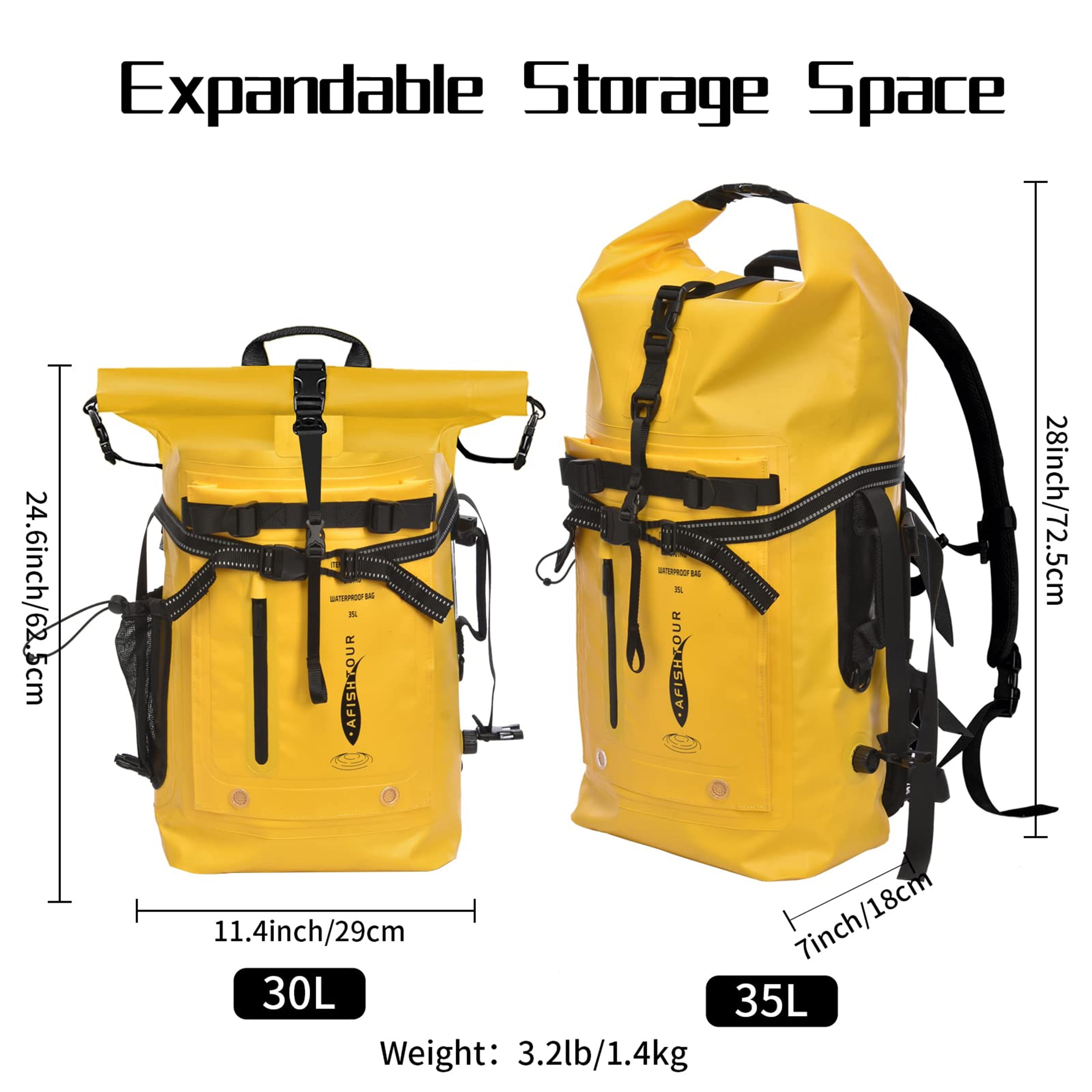 AFISHTOUR Dry Bag Waterproof Backpack, 35L Heavy Duty Roll Top Floating Dry Backpack for Kayaking, Hiking, Camping, Travel (Yellow)