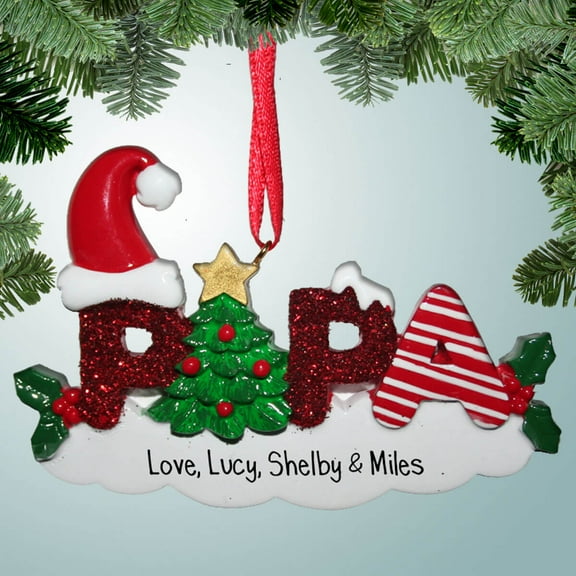 Personalized Papa Christmas Ornament - Red Glitter
