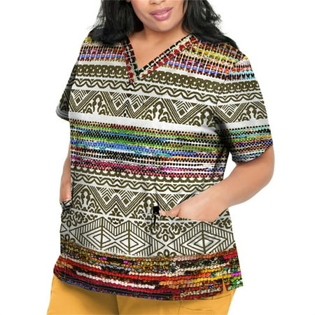 

Sksloeg Scrub Tops Women Stretchy Clearance Workwear V Neck Short Sleeve Azik Ethnic Printed Nursing Uniform Pattern Scrubs Shirts with Pockets Multicolor M