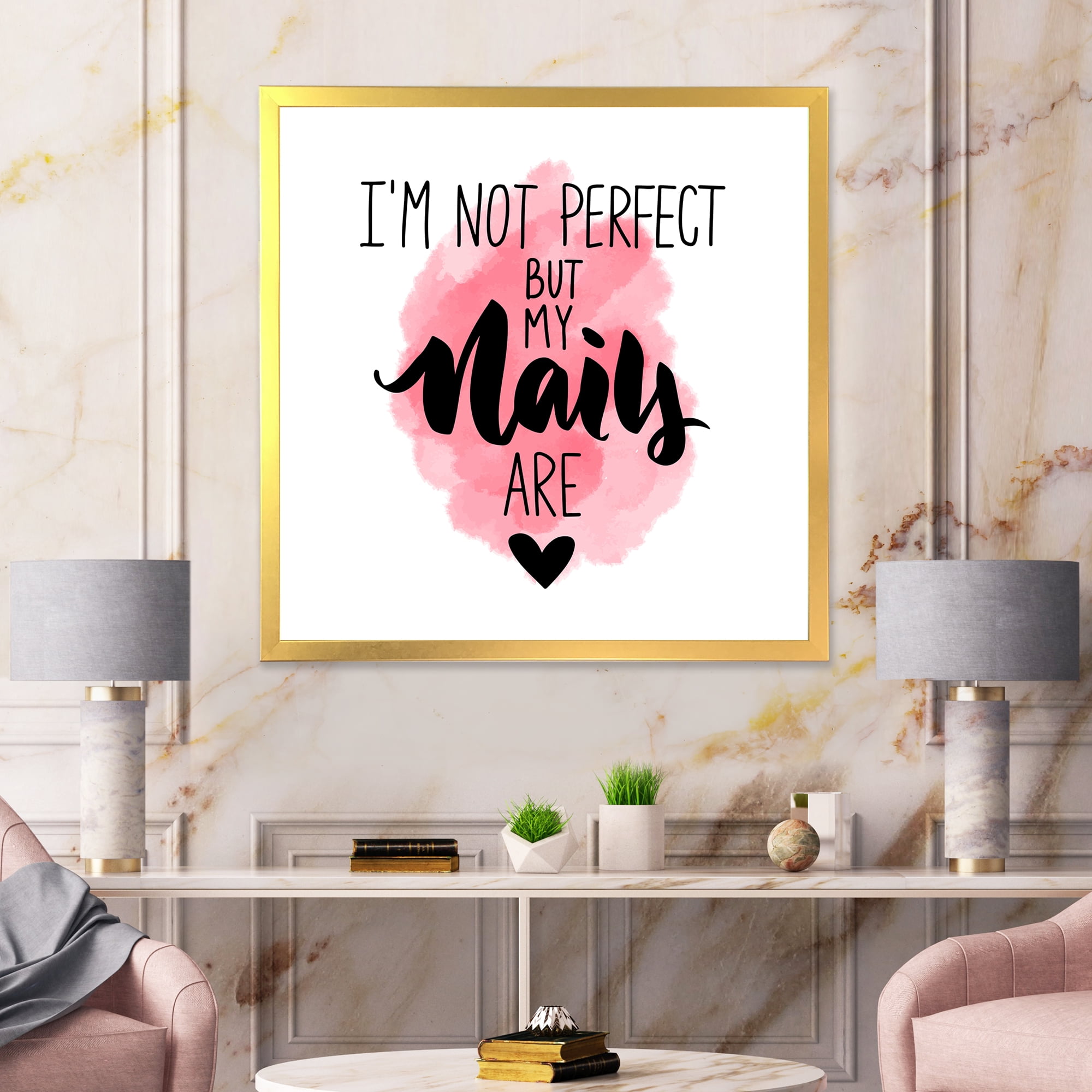 Designart 'I Am Not Perfect But My Nails Are on Pink Background' Modern Framed Art Print