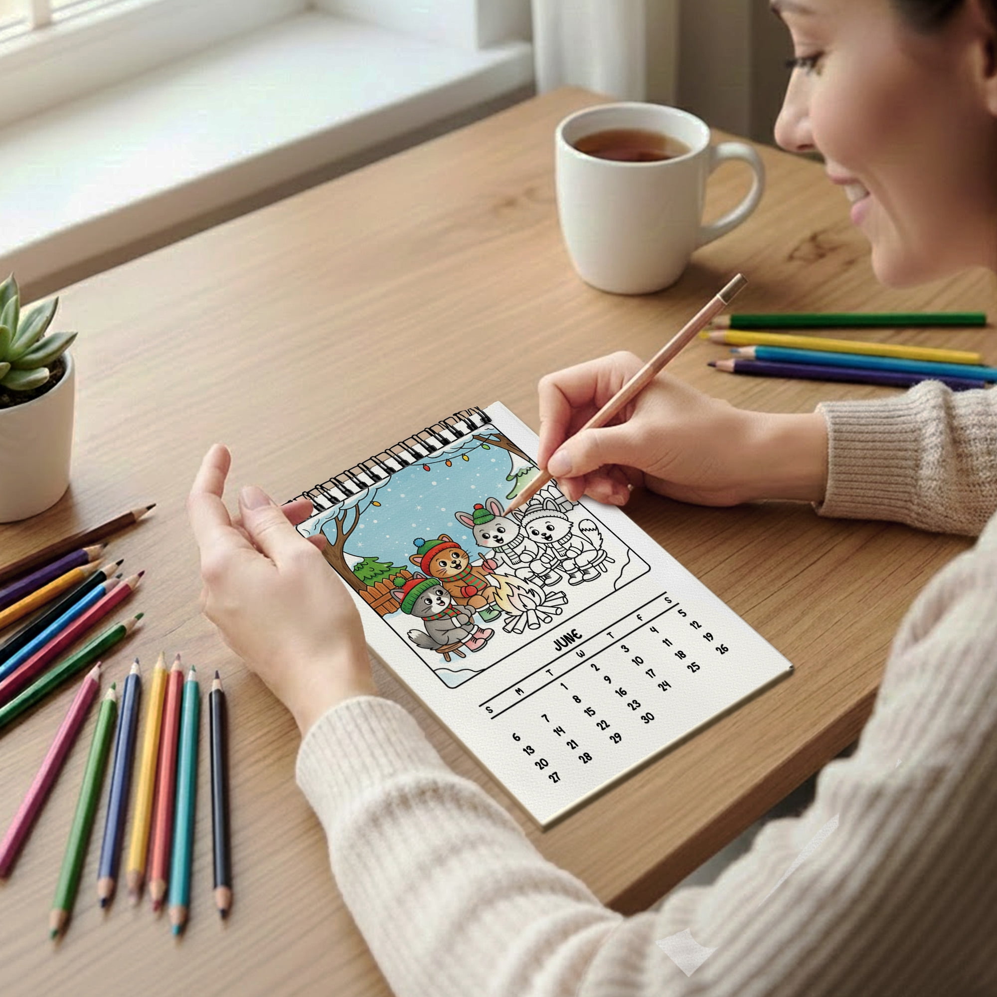 Christmas Friends Coloring Desk Calendar 2026–2027, A5 Wooden Cover Planner with 26 Easy Coloring Pages for Adult Relaxation, 24 Month Desktop Calendar with Stand, Gift for Family & Friends
