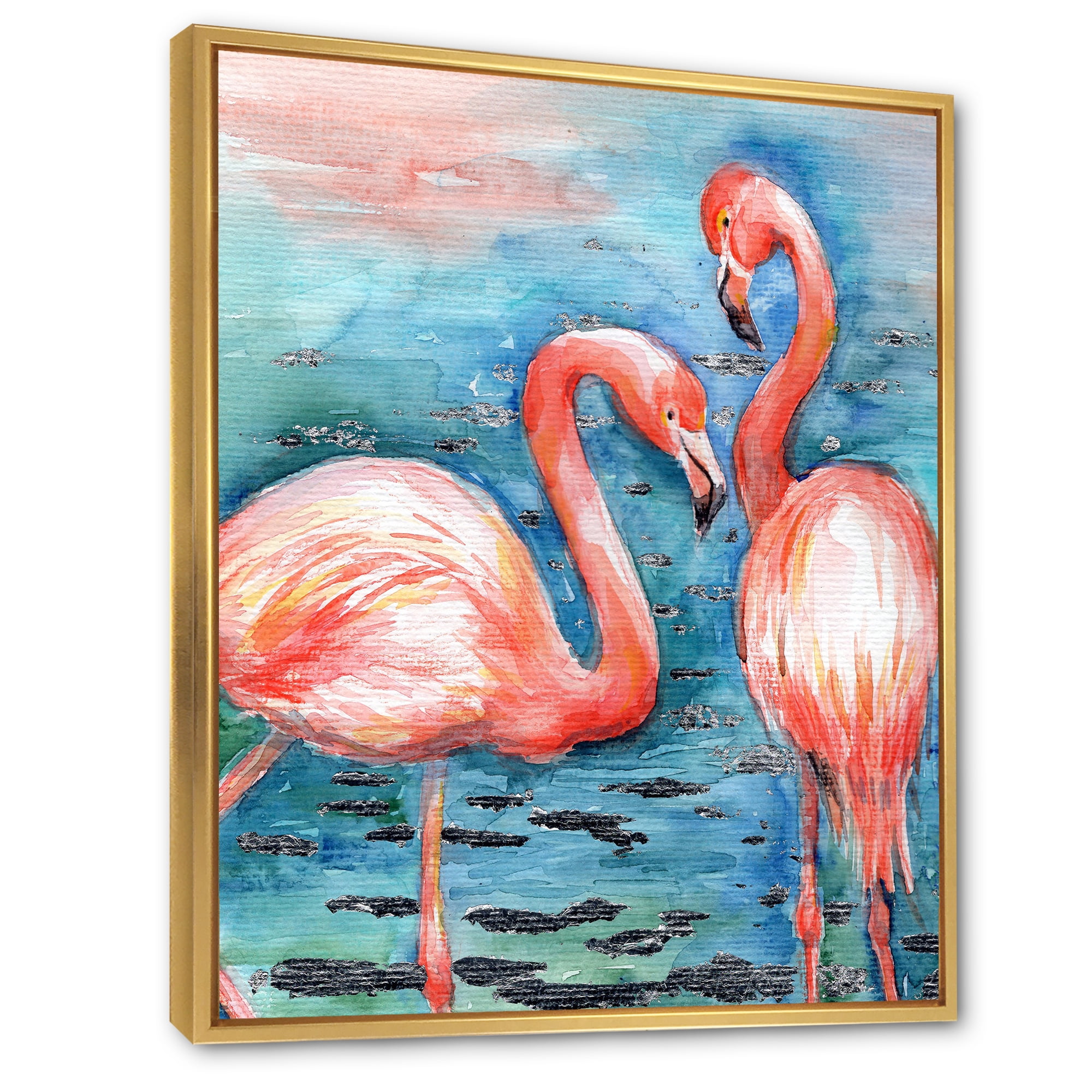 Designart 'Pink Flamingos Love Birds In Blue Water I' Farmhouse Framed Canvas Wall Art Print