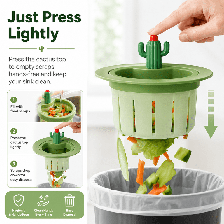 Cactus Sink Strainer With One-Press Automatic Dumping, Kitchen & Bathroom Drain Filter, Anti-Clog Hair & Food Catcher, Green