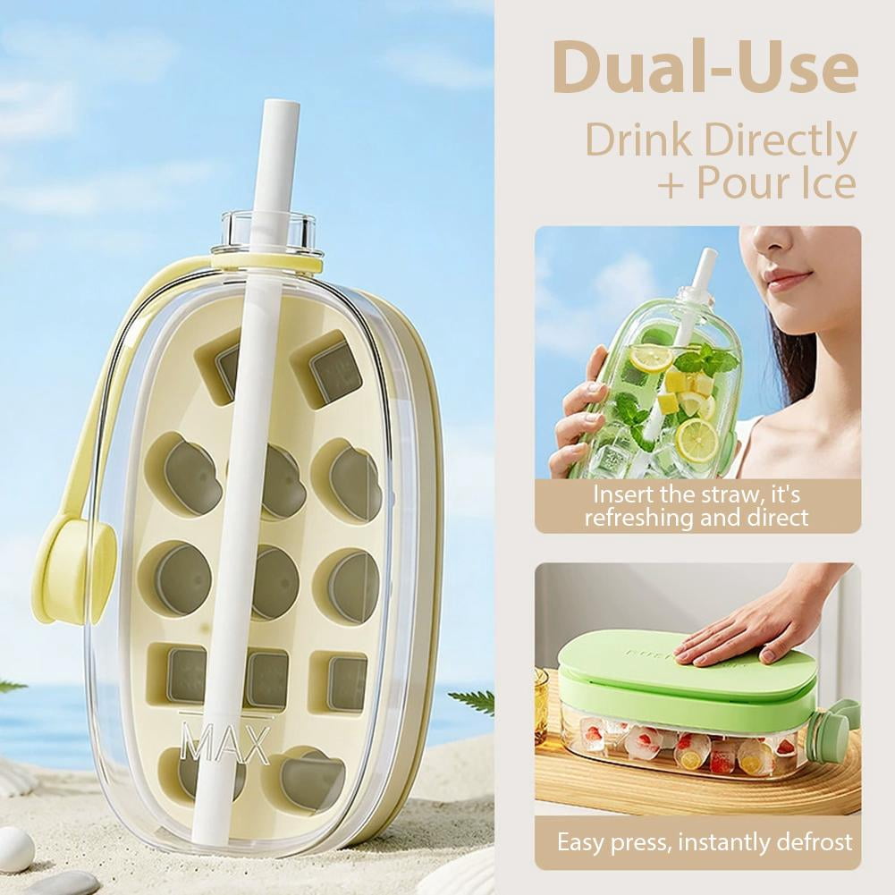 Ice Cube Mold Cups,Leak-Proof Bottle,Built-In Ice Cube Mold and Straw,2 in 1 Zero-Touch Press Cubes Bottle,Press To Release Ices Tray for Home Ices Making, Outdoor Picnics, Office Use