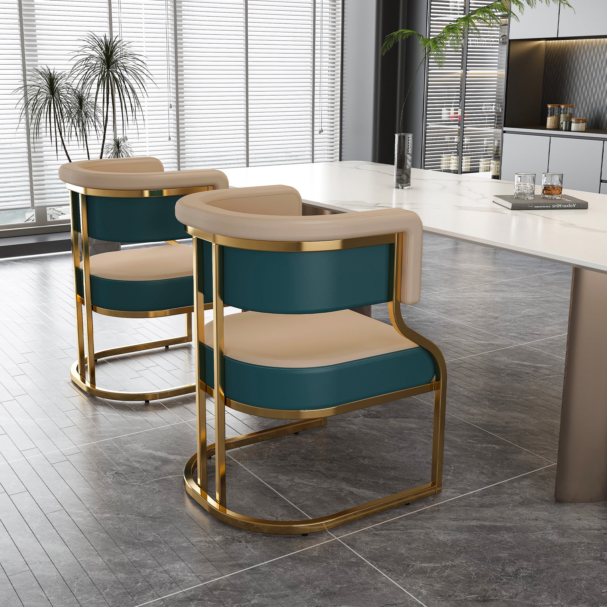 Set of 2 Modern Dining Chairs with Gold Plated Iron Frame, PU Upholstered Accent Chairs, Ergonomic Curved Back Armless for Kitchen, Dining Room, Apartment, Blue