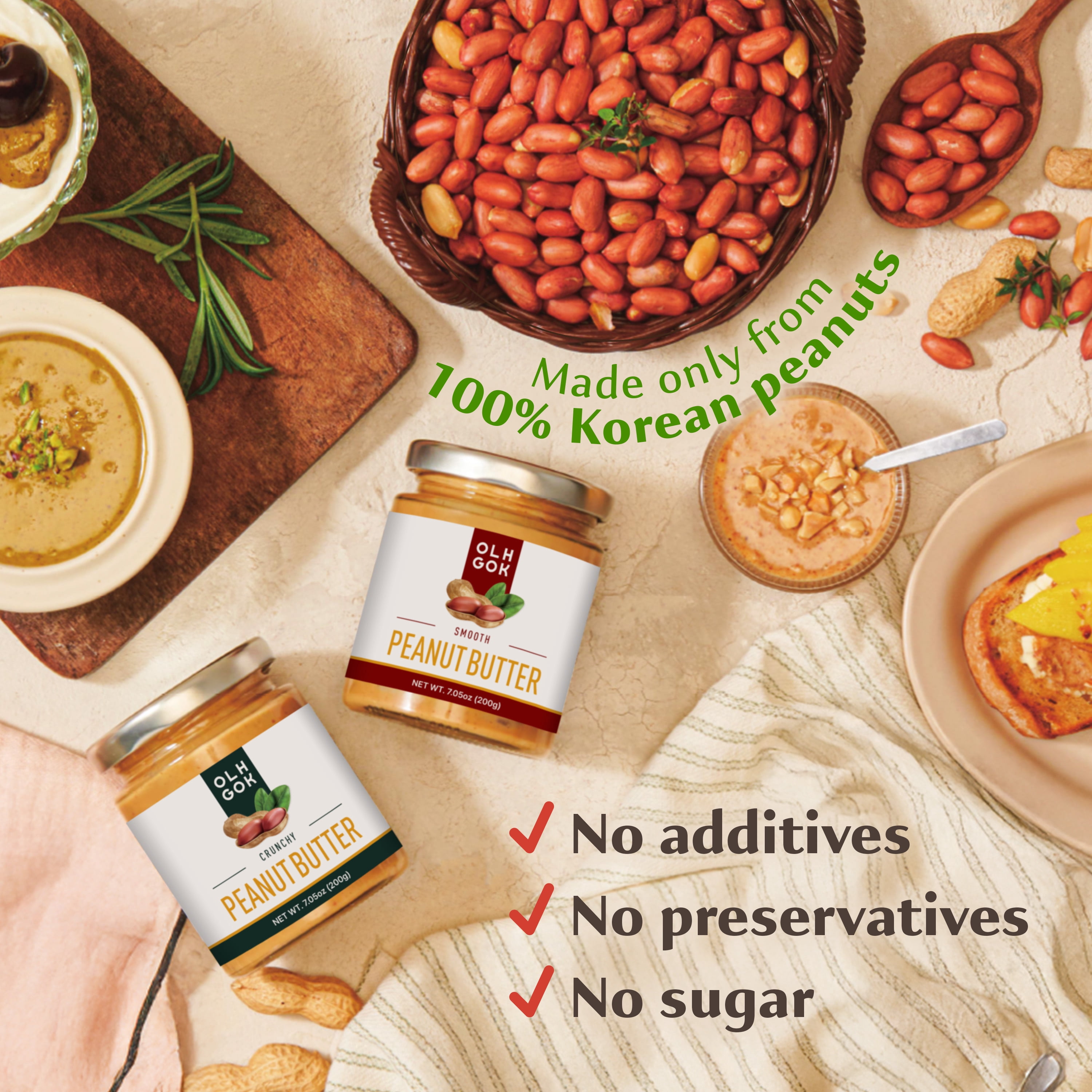 OLHGOK 100% Korean Peanut Butter Crunchy – Net Wt. 7 oz (200g)