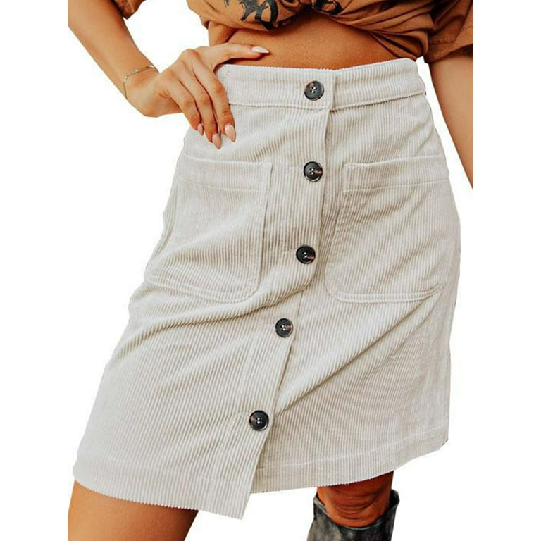 Niuer Ladies Casual Solid Color Corduroy Skirt Women Loose High Waist Mini  Skirts With Pockets Work A-line Single Breasted Skirt Beige 3XL 