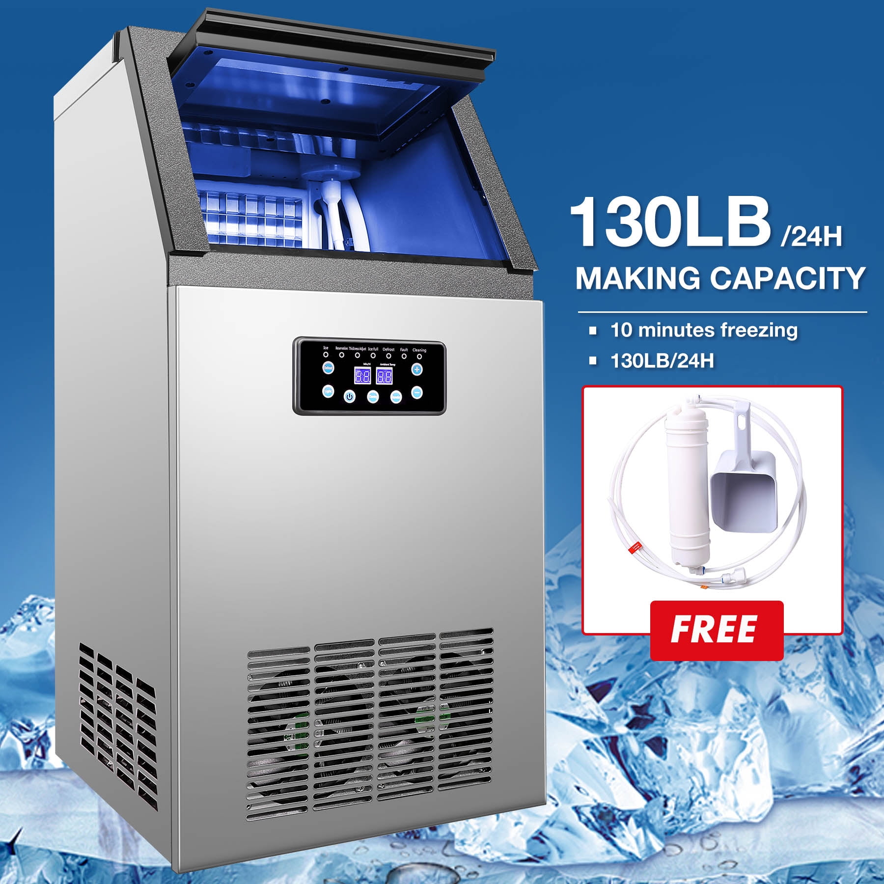 Built-In Stainless Steel Commercial 130Lbs/24H Ice Maker Portable Ice ...