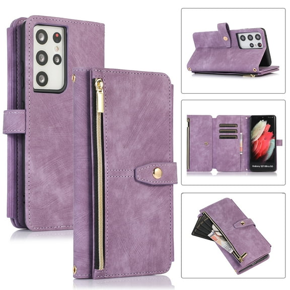 Wallet Case for Samsung Galaxy S21 Ultra with Zipper Pouch,Magnetic PU Leather Flip Folio Stand Card Slot with Hand Strap and Cross Body Strap Case Cover for Galaxy S21 Ultra, Purple