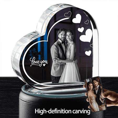 Personalized heart-shaped crystal photos, 3D photo customization, heart-shaped photo frames, photo keepsakes, gifts for dads, moms, wives, and husbands, customized images, anniversary photos, couple