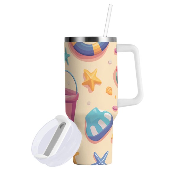 Yayeee 40oz Stainless Steel Tumbler with Straw and Handle Double-Wall Insulated Travel Water Bottle, Blue Beach Toys Pattern