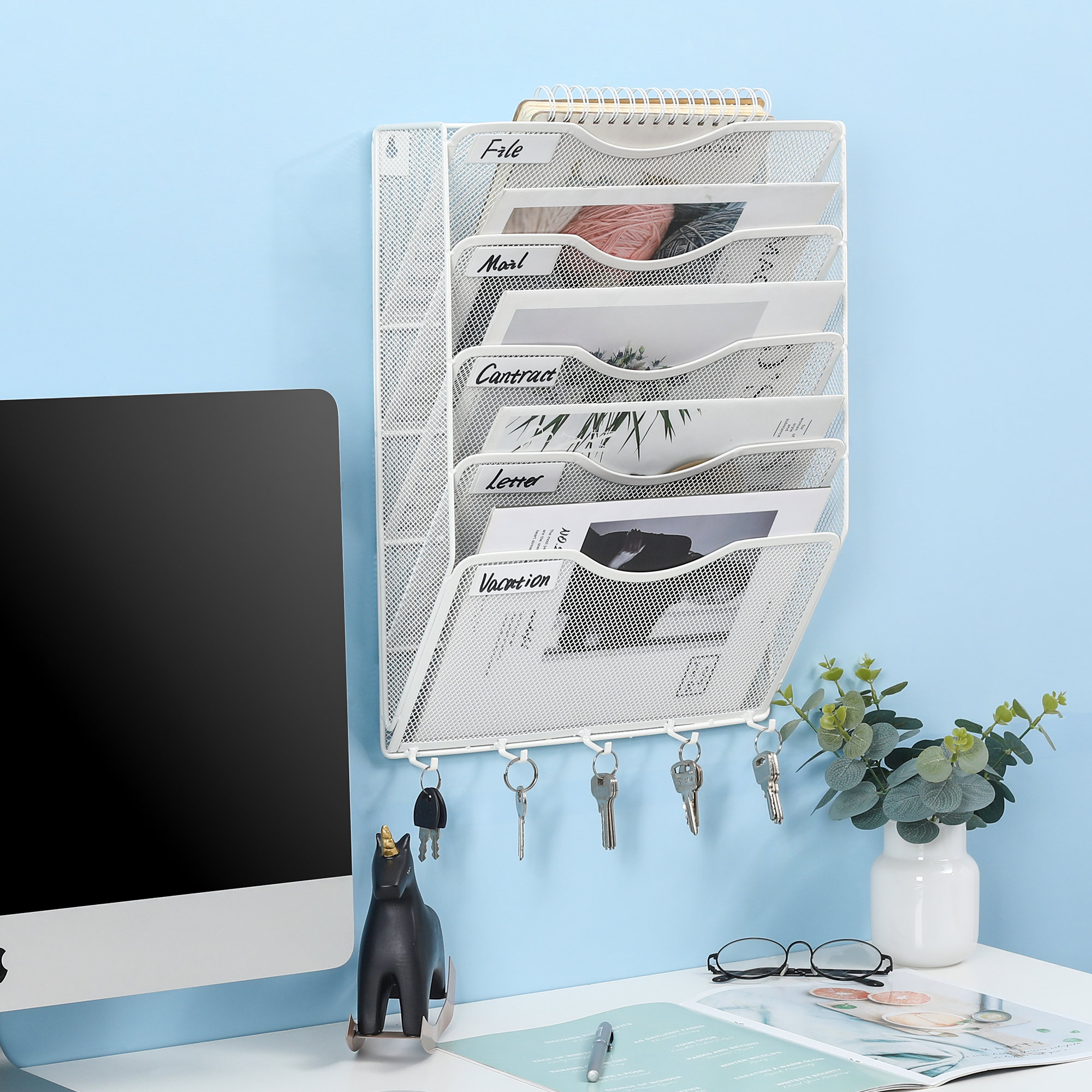 EasyPAG Wall Mount File Organizer with Key Hooks 5 Pocket Vertical Mesh Hanging Wall File Holder Magzine Paper Folders Rack for Office and Home,White