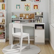 Reasea Kids Study Desk and Chair Set with Tiltable Desktop, Hutch & Storage - Wooden Writing Table for Ages 5-12, Grey