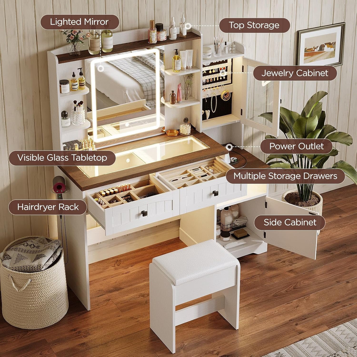 Vabches Farmhouse Vanity Desk Set with LED Lights Mirror & Glass Top, Large Makeup Table with RGB Light, Jewelry Cabinet & Power Outlet & Chair for Girls, White